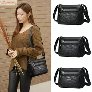 Túi đựng rau củ mua OUSXA, Túi đựng mẹ trung niên nhiều lớp màu đen, Túi đeo vai bằng da PU dung tích lớn thanh lịch dành cho nữ