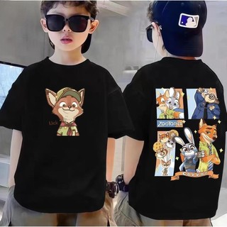Áo Thun Trẻ Em Bé Trai Gái In Zootopia Nick & Judy, Áo Bông Ngắn Tay Hè Phong Cách Hoạt Hình Size 3-12 Tuổi COD