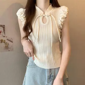 Mùa hè Phong cách mới Phong cách dân tộc Yếu tố phong cách Trung Quốc mới Khóa đứng cổ áo dệt kim Thiết kế áo Vest cảm giác xếp li hàng đầu