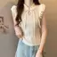 Mùa hè Phong cách mới Phong cách dân tộc Yếu tố phong cách Trung Quốc mới Khóa đứng cổ áo dệt kim Thiết kế áo Vest cảm giác xếp li hàng đầu