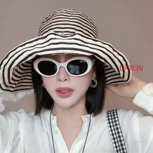 Mũ xô sọc DARON, Mũ chống nắng bãi biển có thể gập lại vành rộng đơn giản, Mũ chống nắng Màu sắc tương phản Tấm che nắng phong cách Nhật Bản Cuộn viền Mũ ngư dân mùa hè