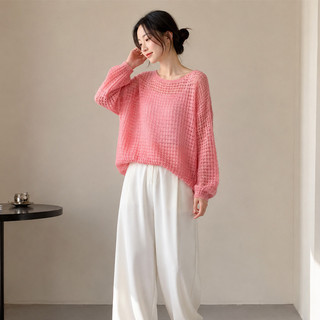 Áo dệt kim cổ tròn mỏng, khoét lỗ, kiểu dáng thường ngày thanh lịch, tay dài, thích hợp mặc ngoài.