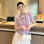 AN.MART Mùa Hè Pháp Ngọt Ngào Satin Nơ Ren-up Slim Tay Ngắn Dệt Kim Áo Thun Nữ VN