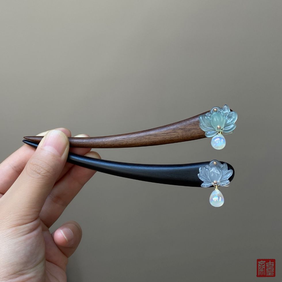 Kẹp tóc WHX-13cm {Qinghuan Hình học} Kẹp tóc Ebony Kẹp tóc ngọc trai hoa sen xanh