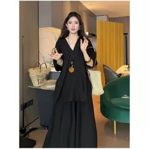 Fat MM có thể mặc đồ thường ngày màu đen dành cho nữ Thời trang mùa hè Slimer Look Top Quần ống rộng