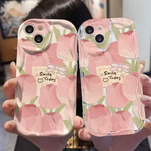 Ốp Lưng Cho OPPO Reno 15 14 13 12 11 10 Pro 8 6 15F 14F 13F 8Z 7Z 6Z A6X A3X A5i A17K A16K A16E A15S A12E Kem Sóng Cong Cạnh Họa Tiết Hoa Tulip Hồng NYK133