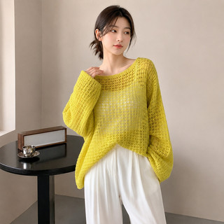 Áo dệt kim cổ tròn mỏng, khoét lỗ, kiểu dáng thường ngày thanh lịch, tay dài, thích hợp mặc ngoài.