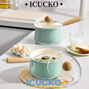 Nồi súp men gốm ICUCKO, Chảo chống dính tay cầm bằng gỗ 14 / 16cm, đa năng có nắp nấu nồi đựng thức ăn cho bé tại nhà