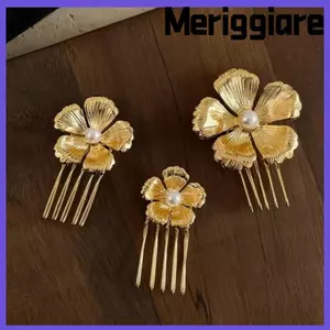 Kẹp tóc phong cách tòa án MERIGGIARE, Lược tóc vàng hoa ngọc trai, Phụ kiện tóc kẹp bên hợp kim cổ điển dành cho nữ