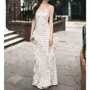 Phong cách mới Pure Desire Style Ren Trim Polka Dot Sling Dress Slim-fit Ôm dáng đẹp hơn Váy dài ngọt ngào