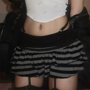 Váy mini PYCOU Y2K, Váy mini Ruffle Grunge vừa vặn, Váy mini sọc đen và xám thanh lịch dành cho nữ