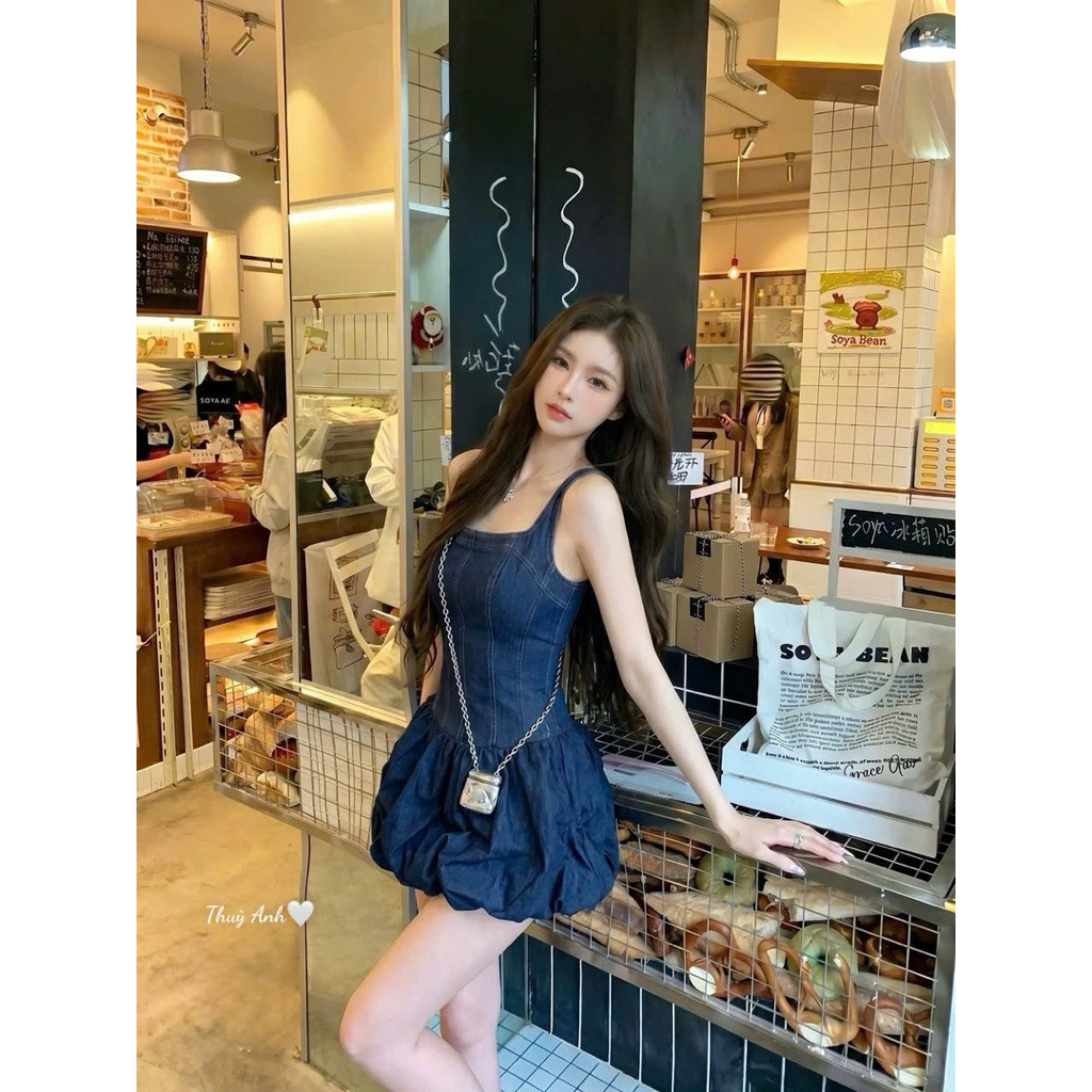 ĐẦM JEAN 2 DÂY XOÈ FORM BÍ, 1màu BYJOLIE