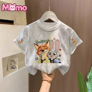 Zootopia in hoạt hình unisex hợp thời trang tay ngắn cổ tròn buộc dây trẻ em hàng đầu
