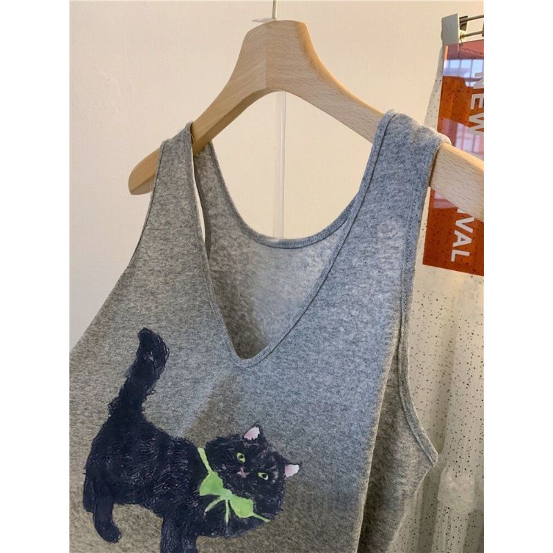 [Khuyến mãi trong thời gian có hạn] Áo yếm cổ chữ V Cotton hoạt hình cỡ lớn dành cho nữ mùa hè không tay thường ngày