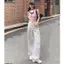 Quần jean thẳng in hoa trắng mùa hè Phong cách mới Ngọt ngào eo cao dáng rộng dáng rộng dáng rộng dáng rộng Quần lau sàn
