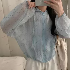 Áo khoác chống nắng PYCOU, Áo khoác có mũ trùm đầu mỏng chấm bi, tay bong bóng dài thoáng khí dáng rộng vừa vặn Áo khoác khô nhanh