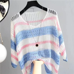 Áo khoác dệt kim kẻ sọc rỗng đầy màu sắc VN, Áo khoác chui đầu vừa vặn, Cổ điển dáng rộng vừa vặn, 2026 Phong cách mới