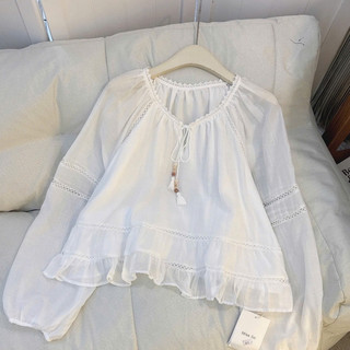 Áo Kiểu Babydoll Nữ Tay Dài Tay Phồng Cổ V Rút Dây Phối Ren Bèo Nhún Form Rộng Hàn Quốc