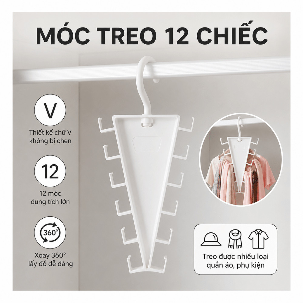 Móc Treo Quần Áo 12 Móc Đa Năng HomeMate, Giá Treo Phụ Kiện Xoay 360°, Tiết Kiệm Không Gian Tủ Quần Áo
