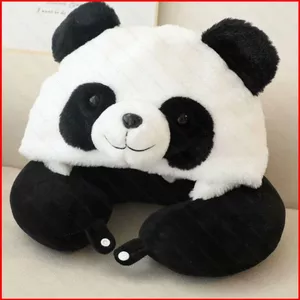ST2 gấu trúc đen trắng dễ thương có mũ trùm đầu gối hình chữ U hoạt hình ô tô du lịch văn phòng ngủ trưa gối cột sống cổ TS2