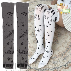 Tất in nốt nhạc trên đầu gối - Hàng dệt kim mỏng nhung mềm mại - dành cho nữ Váy mùa hè - Co giãn, Amti-hook, thoáng khí - Vớ cao đùi / Giao hàng miễn phí