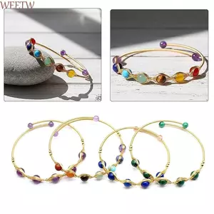 WEETW Mở Vòng Tay, Hạt Pha Lê Nhiều Màu Vòng Tay Có Thể Điều Chỉnh, Vòng Tay Có Dây 14k Mạ Vàng 6MM Hạt Màu Vàng Vòng Tay Quấn Dây Trang Sức Mùa Hè