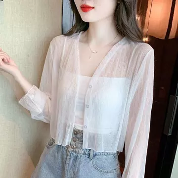 [Hàng mới về] Quần áo chống nắng bằng lụa băng trắng dành cho nữ mùa hè Áo len voan mỏng có váy Sling Áo khoác ngoài Khăn choàng nhỏ Áo khoác ngắn