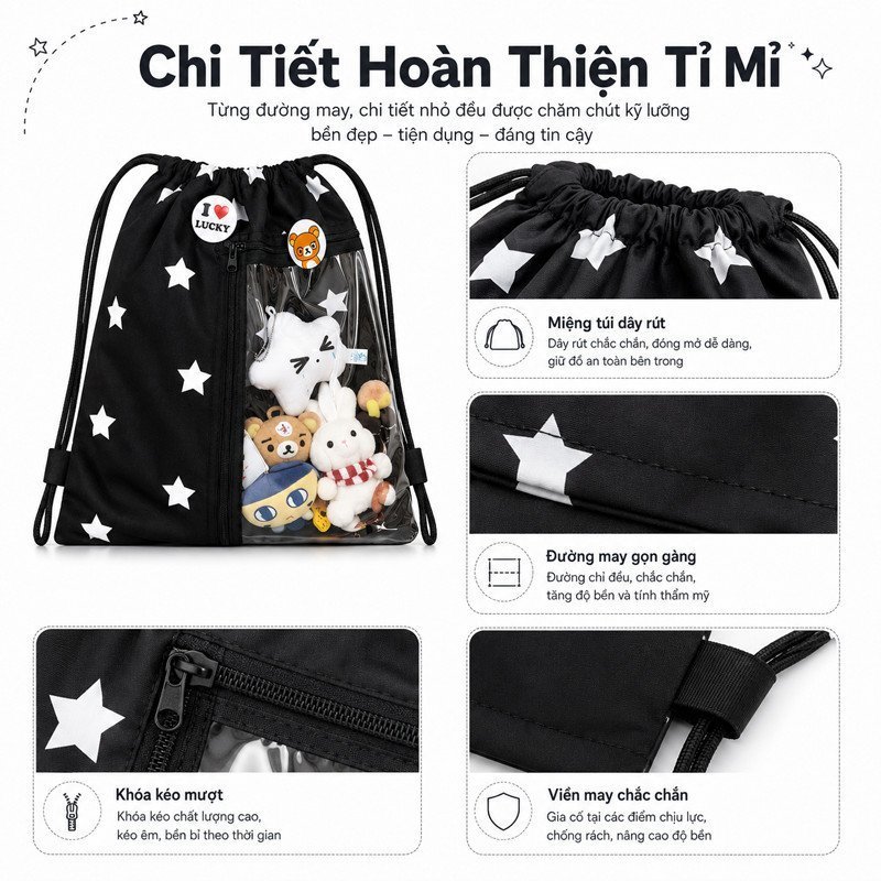 Balo rút dây nylon chống thấm ngăn trong suốt dung tích rộng cho học sinh đựng iPad sách điện thoại