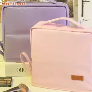 FAVORITEGOODS Bộ sắp xếp văn phòng phẩm nhiều lớp, Túi trang điểm đứng công suất lớn phân vùng, Da chống thấm nước có tay cầm Túi trang điểm có dây kéo di động Văn phòng trường học