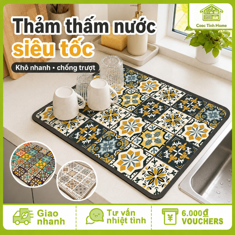 Thảm Thấm Hút Nước Nhanh Khô – Lót Ly, Lót Bàn Ăn Chống Trượt Chất Liệu Da Nappa Đế Cao Su Cho Nhà Bếp