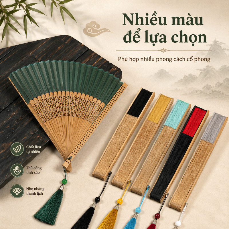 Quạt Múa Tre Cao Cấp - Nan Tre Mỏng, Thiết Kế Sang, Kèm Bao & Tua Rua, Cho Biểu Diễn & Ảnh Nghệ Thuật
