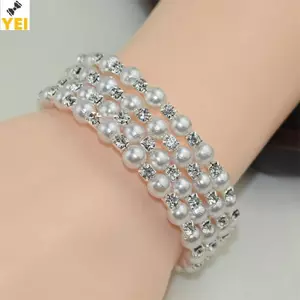 < YEI > Vòng tay ngọc trai giả pha lê thanh lịch Vòng tay ngọc trai co giãn nhiều lớp dành cho nữ Quà tặng trang sức cô dâu mới