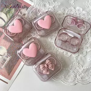 AqToCna Trường Hợp Màu Hồng Trong Suốt Tình Yêu Nơ Cô Gái Di Động Làm Đẹp Học Sinh Hộp Bảo Quản Chăm Sóc Mắt Hộp Đựng AqToCna