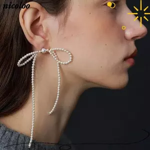 Bông tai ngọc trai mô phỏng NICOLOO 1 đôi, Bông tai thả dài nơ rỗng, Bông tai tua rua ngọc trai lớn