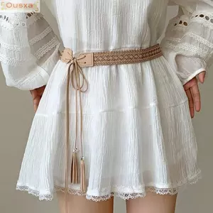 Thắt lưng bện tua rua dài OUSXA, Thắt lưng dệt họa tiết rỗng, Dây đeo trang trí thắt nút dây Bohemian cổ điển dành cho nữ