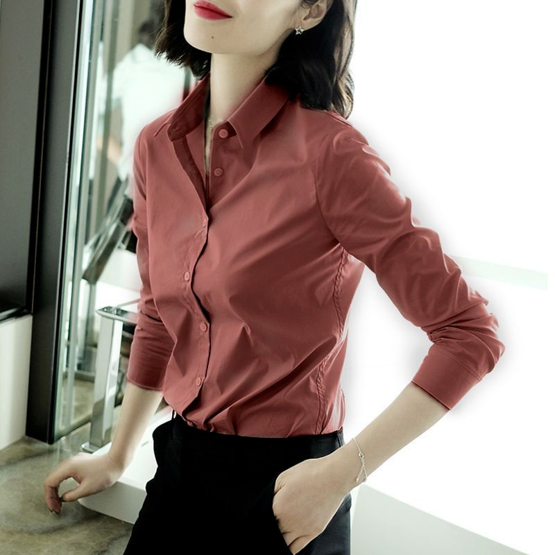 Áo sơ mi nữ cà phê nguyên khối thời trang nữ Áo sơ mi dài tay dáng rộng