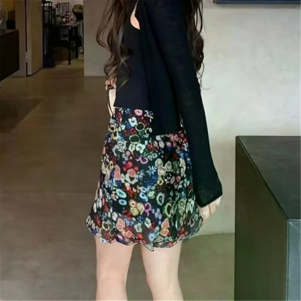 Váy ngắn hoa cổ điển lãng mạn dành cho nữ mùa hè Váy chữ A lưng cao đa năng mới
