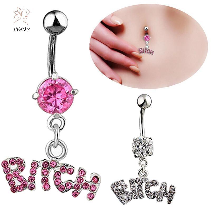 HNKMP Bitch Letters Kim cương giả Nút bụng pha lê Rốn Ring Barbell Thép phẫu thuật.