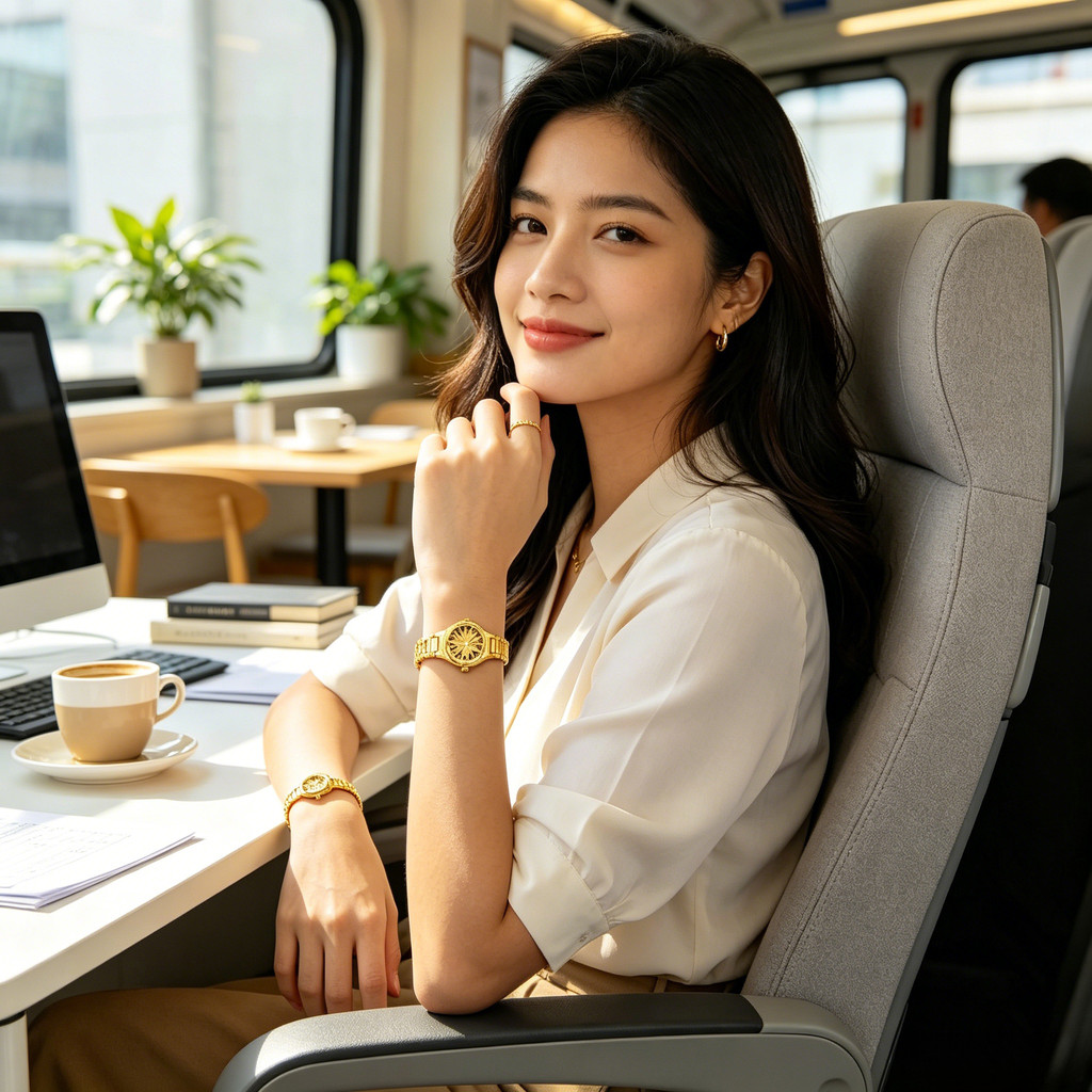 Vòng tay đồng hồ đeo tay nữ mạ mới, Mặt số cắt Laser hoa rỗng sang trọng, Màu vàng cát sáng bóng