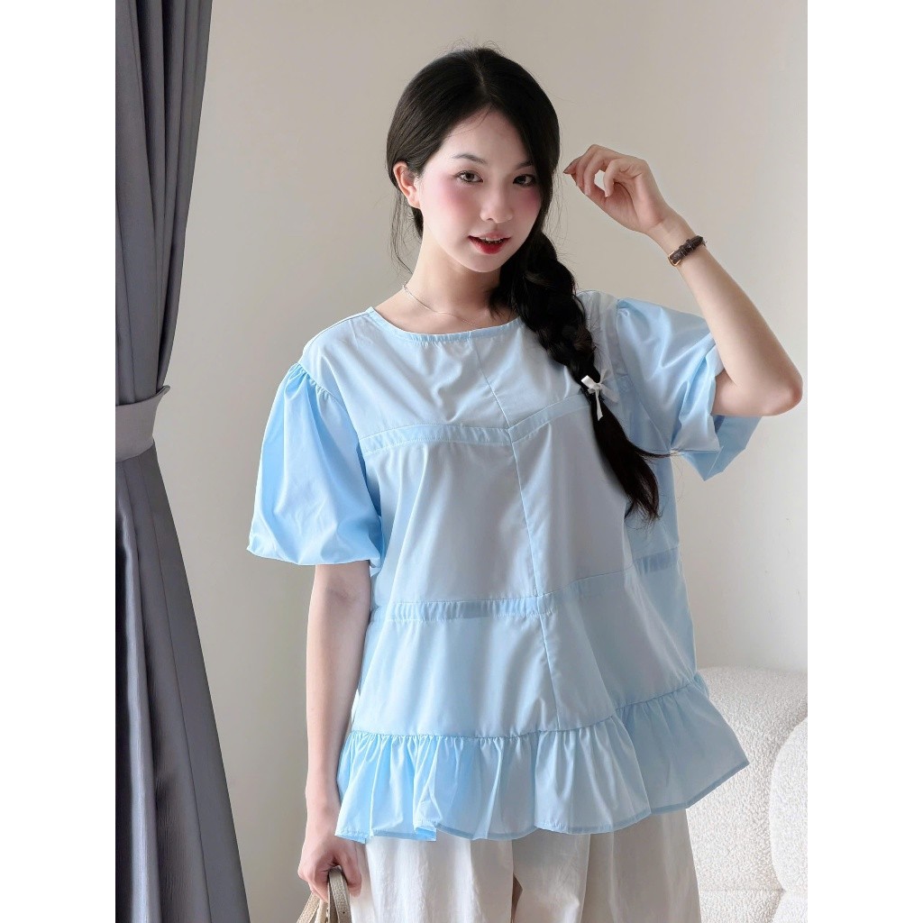 Áo kiểu babydoll dáng rộng dây buộc sau tay bồng chất thô Miha Studio