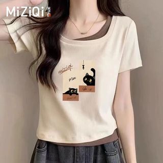 [MIZIQI] Áo thun ngắn tay hai mảnh giả mơ ước dành cho nữ, Áo thun ngắn in hình mèo con mùa hè