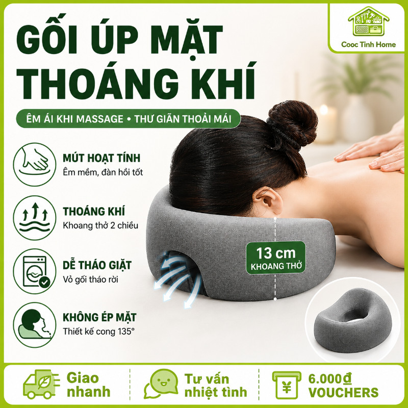 Gối Úp Mặt Massage Công Thái Học Thoáng Khí Cao Cấp, Gối Kê Đầu Memory Foam Cho Spa Thẩm Mỹ Viện