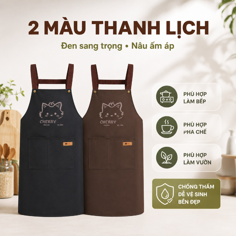 Tạp dề nhà bếp unisex chống nước, chống dầu hiệu quả, in mèo hoạt hình dùng cho gia đình