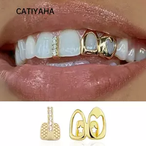 CATIYAHA Hip Hop Răng Grillz, Màu Vàng Sáng Bóng Grillz, Đôi Trái Tim Rỗng Đồng Răng Mũ Phong Cách Punk