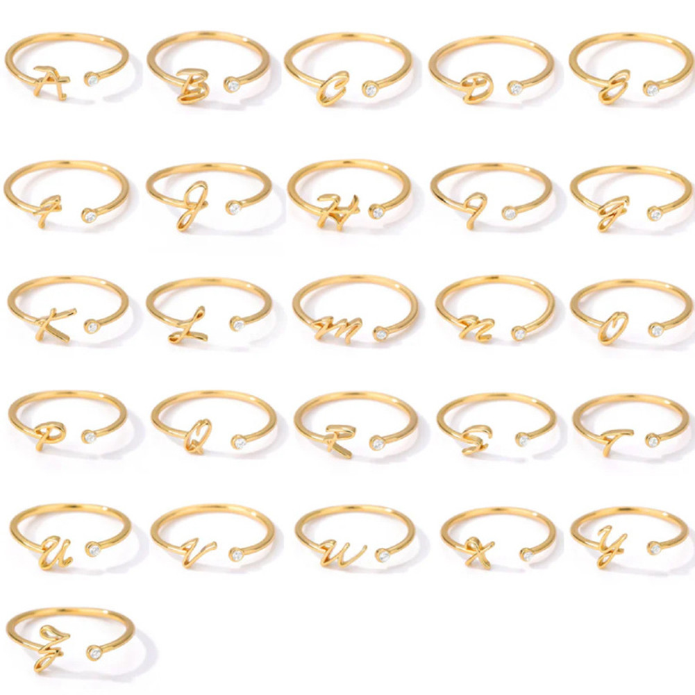 Nhẫn đồng 26 chữ cái đương đại với đá zircon, điều chỉnh vừa vặn cá nhân