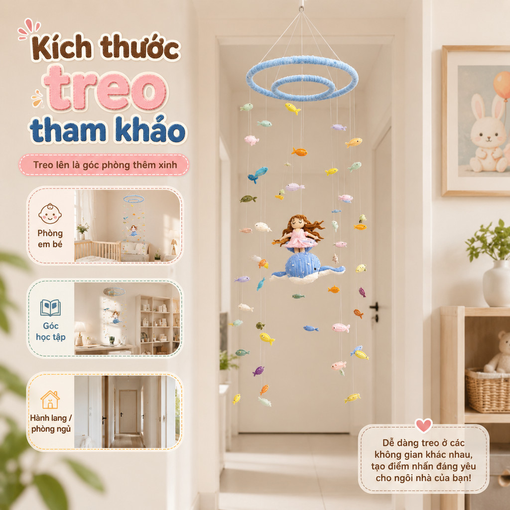 Bộ DIY Chuông Gió Cá Voi Len Bông – Treo Trang Trí Cửa Sổ, Quà Tặng Handmade, Kèm Video Hướng Dẫn