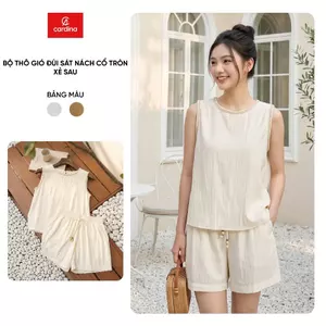Bộ đồ nữ CARDINA chất liệu thô gió áo sát nách cổ tròn sẻ sau và quần đùi 6BGN02