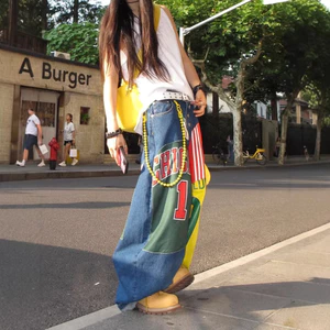 Thời Trang Phố Mỹ Kích Thước Lớn Thiết Kế Nặng In Hình Quần Jean Nữ Hot Girls Hợp Thời Trang Hip-Hop Ống Rộng Tầng-Mopp