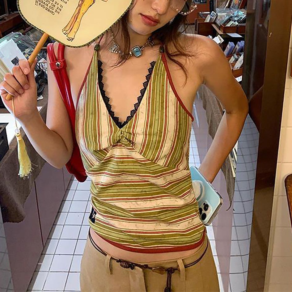 Milyfashion Sâu Cổ Chữ v Sọc Sling Mùa Hè Phong Cách Mới Slim-fit Ôm Hơn Nhìn Không Tay Bên Ngoài Mặc Nẹp Tay Ngắn Top ELEA
