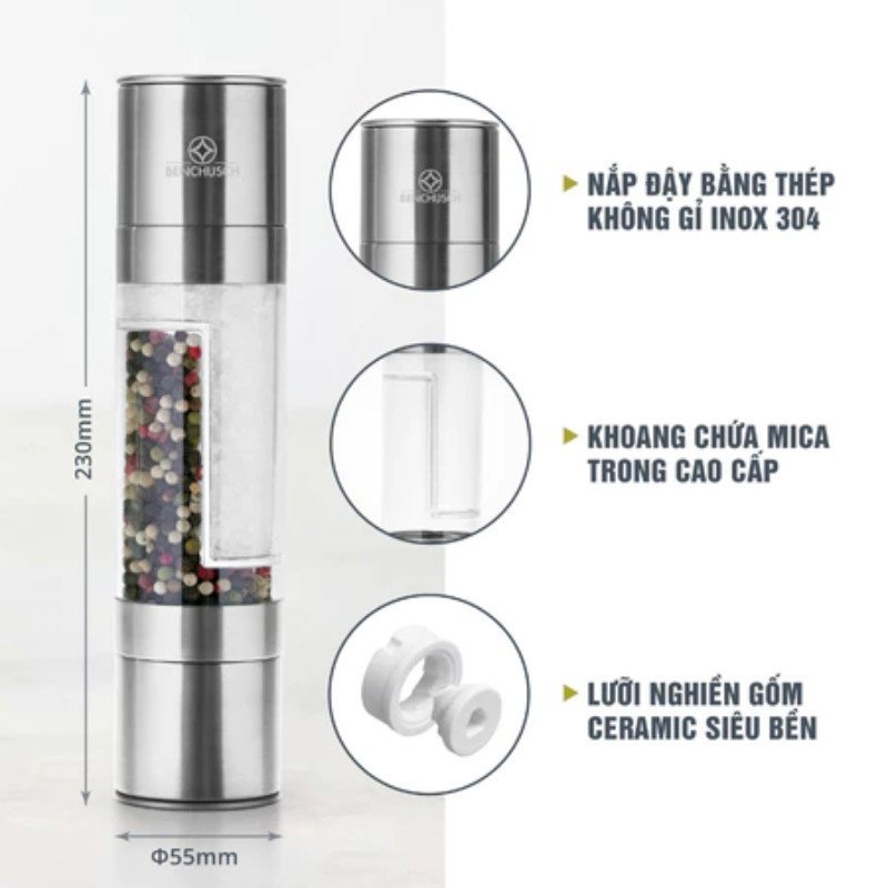 cối xay tiêu muối 2 đầu xay tay inox lưỡi ceramic hũ gia vị nhà bếp tiện dụng dễ vệ sinh
